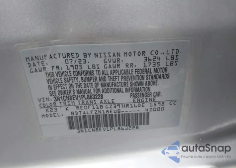 2023 Nissan Versa 1.6 Sv Xtronic Cvt from USA, damaged, VIN 3N1CN8EV1PL863228